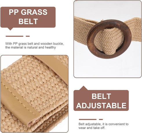 VALICLUD Elastic Wide Tan Belt Women Straw Rattan Waist Band with Wood Buckle for Women Ladies Dresses Jeans Belt Vintage Accessory Waistband Wais...