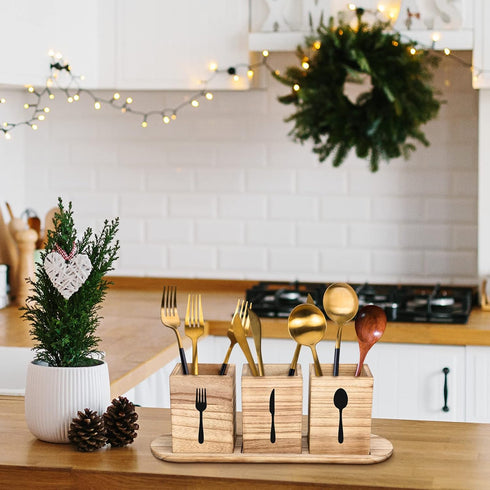 Kathfly 4 Pcs Silverware Caddy Utensil Holder for Countertop Silverware Organizer with Wood Tray Spoon Fork Holder for Kitchen Parties(Brown)...