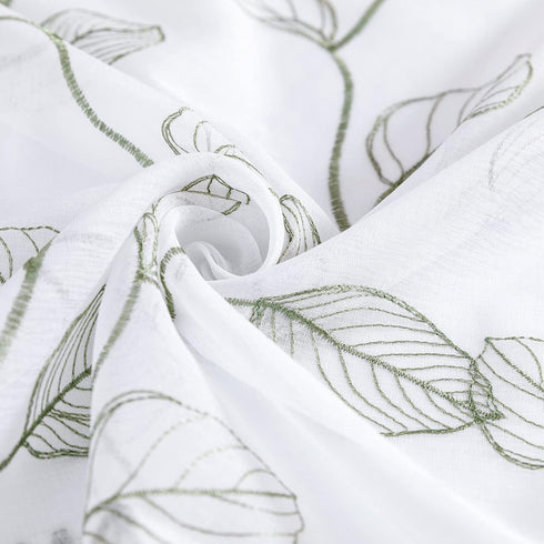 Topick White Sheer Kitchen Curtains - Sage Green Leaf Embroidered Cafe Semi Sheer Short Half Window RV Camper Tier Farmhouse Door Bathroom Basemen...