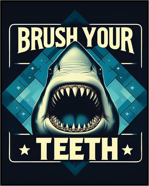 Posterizer 1 pcs-Brush Your Teeth Funny Shark Print-Comedy Art- Gift for Girls, Boys, Teens- Bathroom, restroom Decor- unframed wall art...