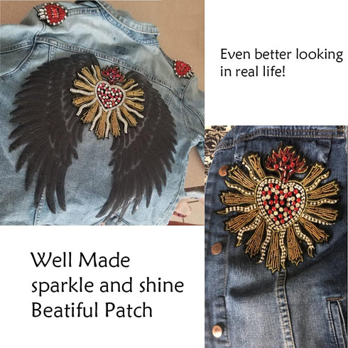 Yikko 3 Pieces Beaded Rhinestone Patches Love Heart Star Bee Fabric Applique Iron on Patches for Jeans, Jackets, Clothing, Scrapbooking Handbag Sh...