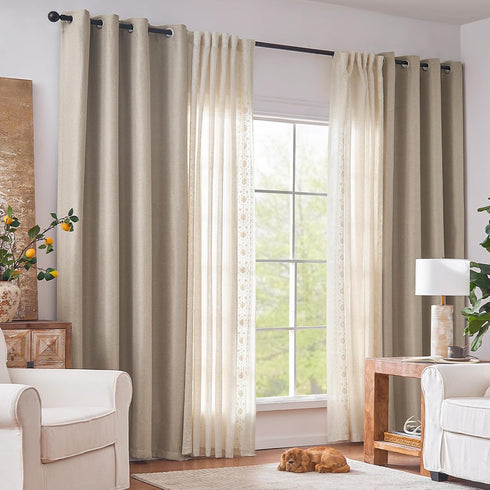 jinchan Blackout Linen Textured Curtain 84 Inches Long for Living Room Thermal Insulated Grommet Top Window Drape for Bedroom 38x84 Greyish Beige ...