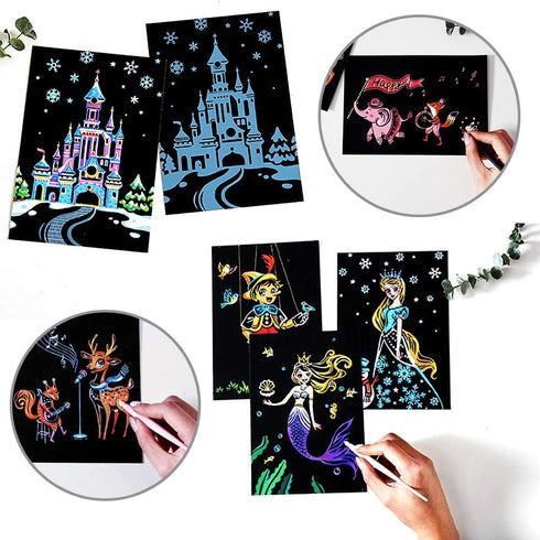 Magic Scratch Art Paper(7.9"x5.5") Rainbow Landscape Engraving Art Mini Scratchboard DIY Pads for Adults and Kids, Crafts Set: 12 Sheets Scratch P...