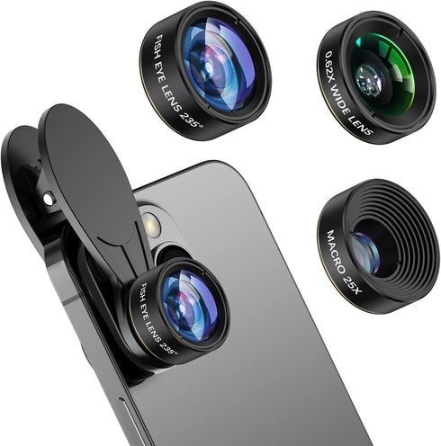 Phone Camera Lens 3 in 1 Kit, COSULAN Phone Lens Kit - 235° Fisheye Lens + 25X Macro Lens + 0.62X Wide Angle Lens, Clip on Cell Phone Lens Camera ...