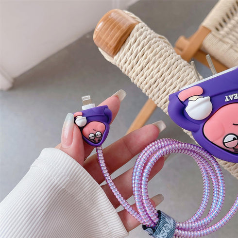 3D Cute Cartoon Charger Protector Case - Compatible for Apple 20W USB-C Power Adapter and Lightning Cable (Purple Patrick)...