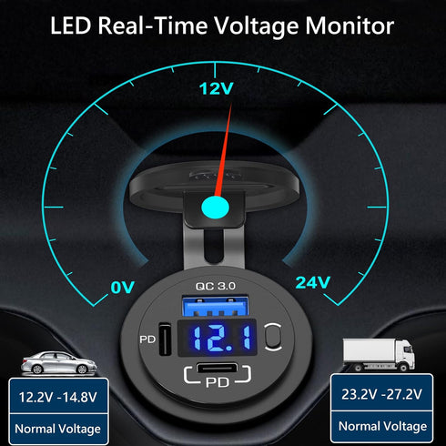 12V USB Outlet Qidoe USB C Car Charger Socket Dual PD 30W and 18W QC3.0 Port USB Car Socket with Voltmeter Button Switch Lengthened Waterproof USB...