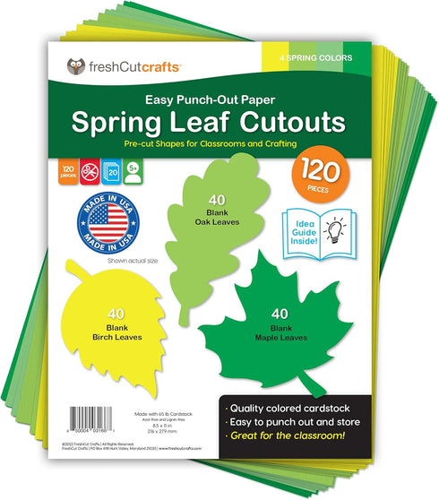 120 Pieces Spring Leaf Paper Cutouts with IDEA GUIDE, 2-Sided US Made Card Stock Punch Out Maple, Oak, and Birch Leaves for Bulletin Boards, Class...