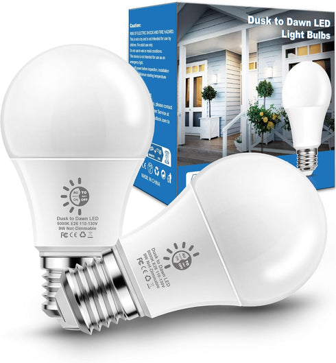Dusk to Dawn Light Bulbs Outdoor, A19 LED Sensor Light Bulb, 9W(60W Equivalent), Automatic On/Off Photocell, Daylight White 5000K Porch Light, E26...