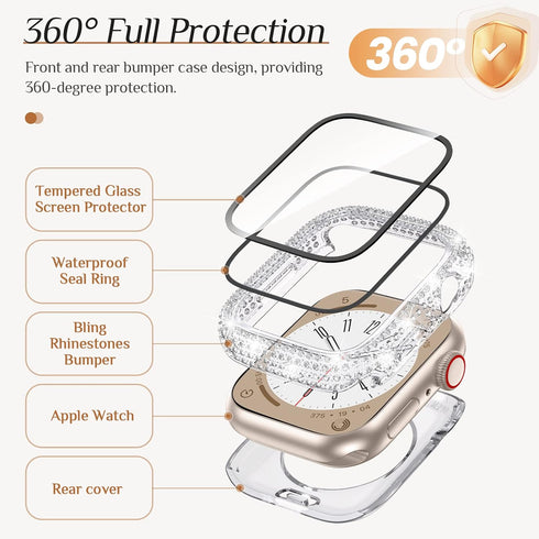 Goton 2-in-1 Waterproof Bling Case for Apple Watch 44mm Series 6 5 4 SE SE2 Screen Protector, Glitter Diamond Rhinestone Bumper Face Cover for iWa...