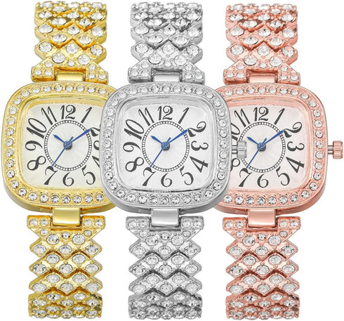 CdyBox 3Pack Classic Ladies Square Watches with Blue Hands Digital Watch Quartz Wristwatches with Inlay Diamond Strap...