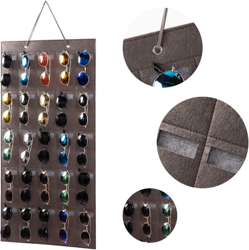Sunglasses Organizer Storage- Hanging Eyeglasses Wall Pocket Mounted,Eyewear Display,25 Slots (Black, Large)...