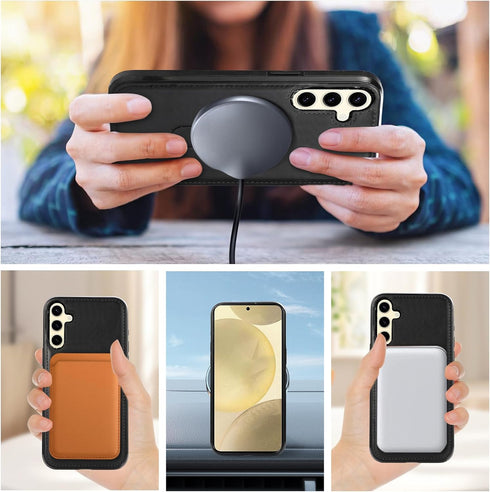 Phone Case for Samsung Galaxy S24 Plus S24+ 5G with Tempered Glass Screen Protector Magnetic Magsafe Rugged Stand Ring Holder Faux Leather Protect...