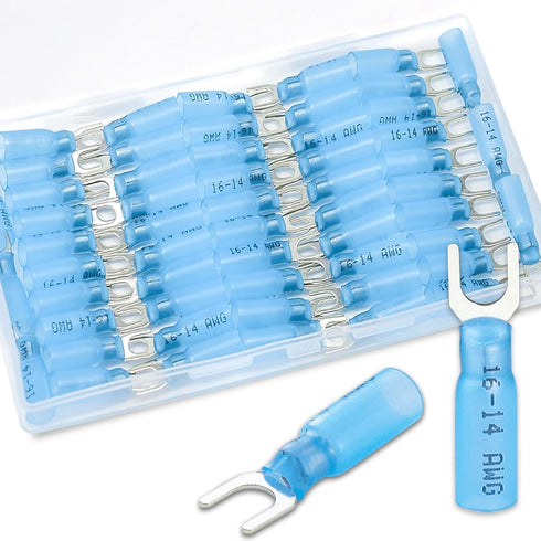 100PCS #10 Fork Connectors, 16-14 Gauge Fork Connector Tinned Copper, Fork Terminals Waterproof Heat Shrink....
