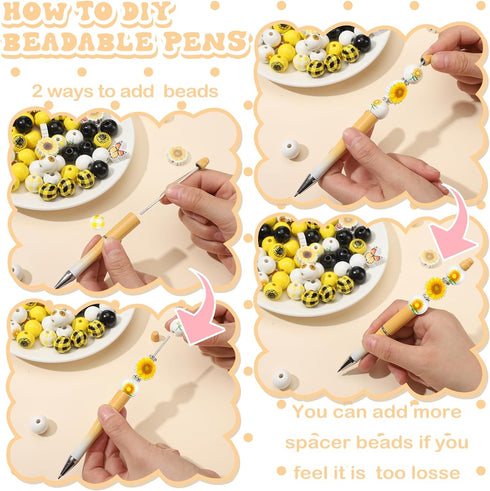 Colarr 24 Sets Plastic Beadable Pens DIY Pens Making Kit Assorted Bead Pens Wood Beads Crystal Spacer Beads Black Ink Ballpoint Pen for Women Stud...