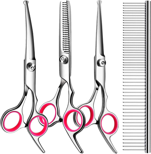 5 in1 Dog Grooming Scissors Kit, Professional Dog Scissors for Grooming with Safety Round Tips, Titanium Coated Grooming Scissors Kit for Dogs Cat...