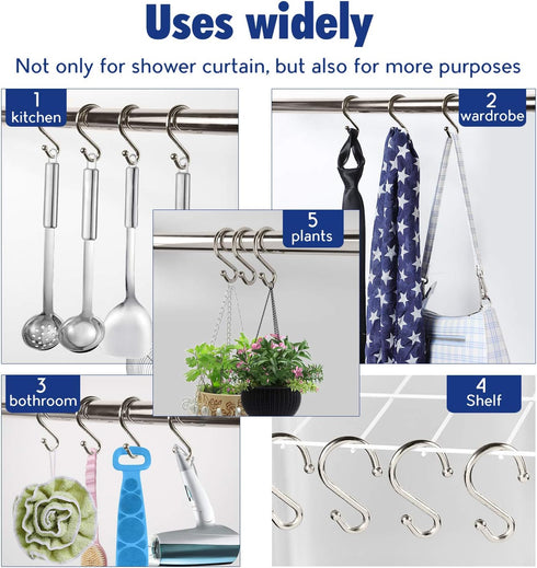 Metal Shower Curtain Hooks?Set of 12 Rings?Rust Resistant S Shaped Hooks Hangers for Shower Curtains, Kitchen Utensils, Clothing, Towels, etc. (Ni...