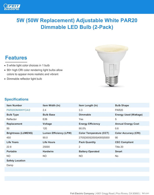 Feit Electric PAR20 LED Light Bulb, 50W Equivalent, Dimmable, Color Selectable 6-Way, E26 Medium Base, 90 CRI, 450 Lumens, Damp Rated Spotlight Bu...