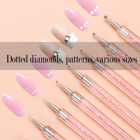 JASSINS Nail Art Brushes,9PCS Double Ended Nail Brush and Nail Dotting Pens,Shiny Handles Professional Nail Liner Painting Tool Brush for Home Use...