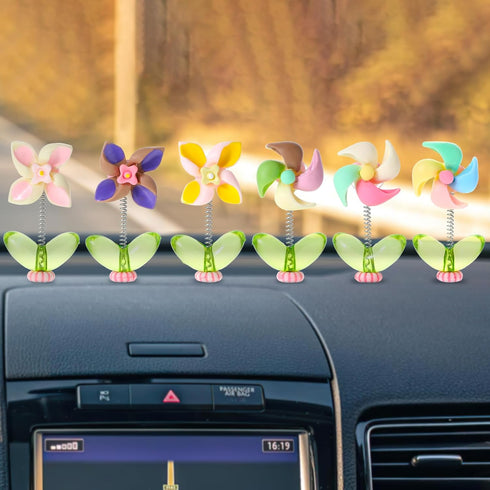 Cute Windmill Car Dashboard Decorations, 6 Pcs Mini Paste Shaking Head Windmill Car Mirror Dashboard Plant Decor for Car Interior Home Office Desk...