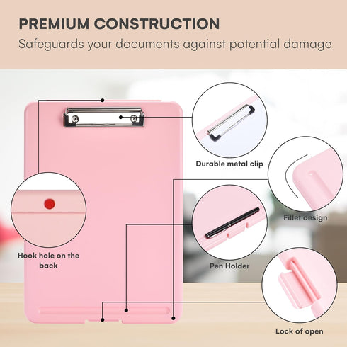 Flybold Pink Clipboard with Storage - Smooth, Sturdy and Durable Clipboard - Versatile Storage Space - Unique Design, Safe and Easy to Use - 13.3x...