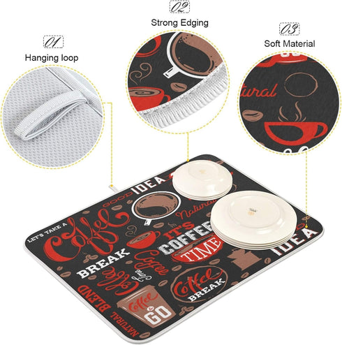 Coffee Theme Beans Dish Drying Mat for Kitchen Counter 18 x 24 Inch Absorbent Microfiber Dry Dishes Mats Drainer Mat Dish Drying Pad for Counterto...