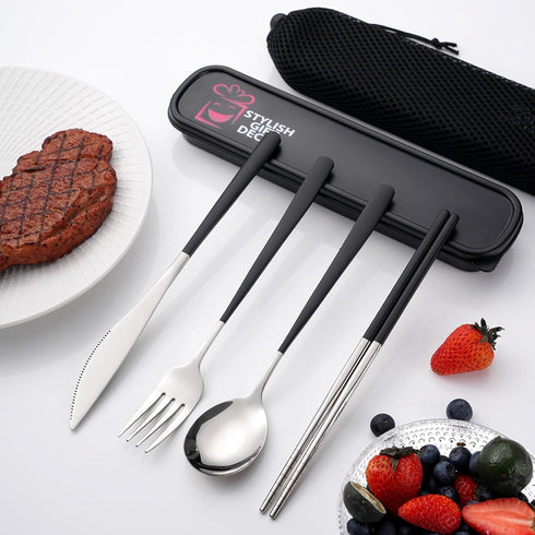 18/10 Portable Cutlery Spoon Fork Chopstick Gold Flatware Set with Case Travel Camping Outdoor Cutlery Set Stainless Steel-Black, Large...