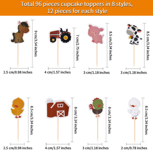 96 Pieces Farm Animal Cupcake Toppers Chicken Duck Goose Cow Pig Tractor and Horse Cupcake Picks Farm Toothpicks Zoo Theme Cake Decorations for Ba...