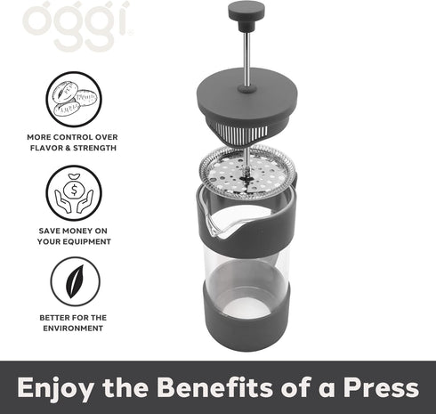 Oggi French Press Coffee Maker (12oz)- Borosilicate Glass, Coffee Press, Single Cup French Press, 3 cup Capacity, Charcoal...