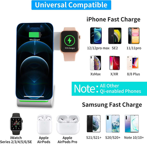 Wireless Charging Stand, Sunffice 3 in 1 Fast Charging Wireless Charging Station Dock for iWatch SE/6/5/4/3/2, Airpods Pro/2/3, iPhone 13/12/11/11...