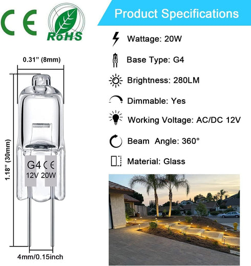 G4 Light Bulbs 20W 12V JC T3 Bi-Pin G4 Capsule Bulb, 12 Pack Crystal Clear Halogen Bulb 2 Pin, Dimmable 2700K Warm White with 2 Prong G4 Base for ...