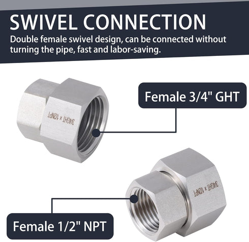2 Pcs Stainless Steel Garden Hose Fittings Connectors Adapter,3/4" GHT Female to 1/2" NPT Female Heavy Duty Stainless Steel Repair Female to Femal...