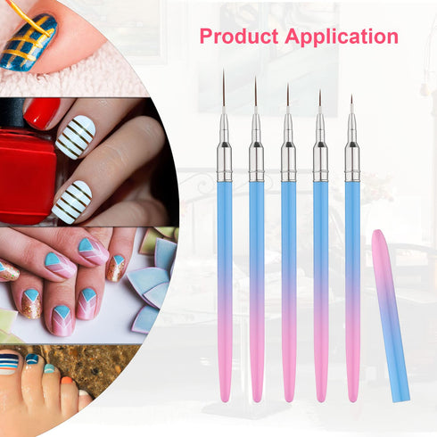 5Pcs Nail Art Liner Brushes, 7/9/11/15/20mm Fine Nail Painting Brushes, Pink to Blue Gradient Nail Art Design Brushes Kit with Metal Handle Nylon ...