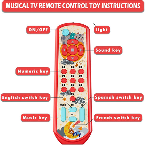 Baby Remote Control Toy - 3 languages Spanish & French & English Learning Toys, Musical, and Safe Simulation TV Remote for 6-12 Months Old Boys an...