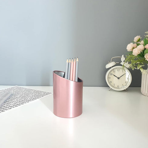 Metal Mesh Diagonal Pen Pencil Brush Cup Holder Stand for Office Desk, Rose Gold, Pink...