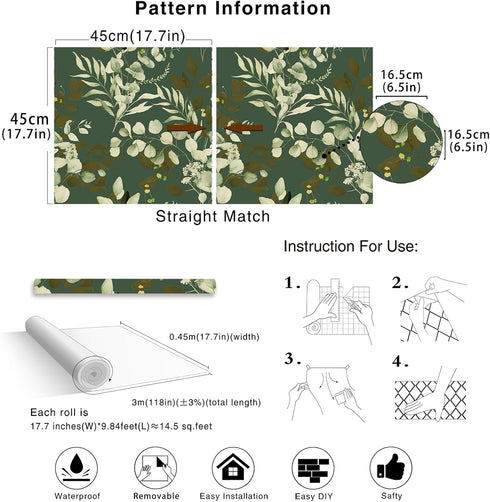 HAOKHOME 93042-4 Peel and Stick Wallpaper Boho Sage Green Eucalyptus Leaf Floral Wall Mural Home Nursery Decor Renter Friendly Wallpaper 17.7in x ...