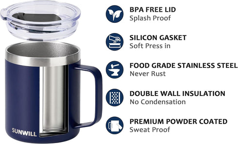 SUNWILL Insulated Coffee Mug with Lid, Travel Tumbler with Handle, 14oz Stainless Steel Cup for Camping, Office, Home, Powder Coated Navy Blue...