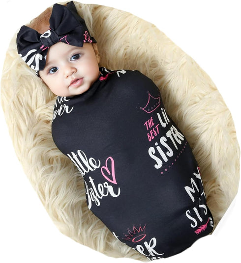Galabloomer Newborn Receiving Blanket Headband Set Flower Print Baby Swaddle Blankets (Black Sister)...