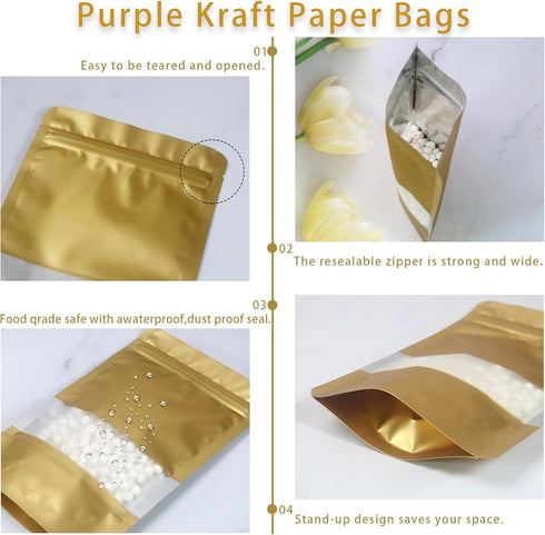 50 pcs Brown Smell Proof Bags 3.9x5.9 In Resealable Stand Up Food Storage Bags with Window Matte Foil Sealable Bags Pouches for Candy Coffee Sampl...
