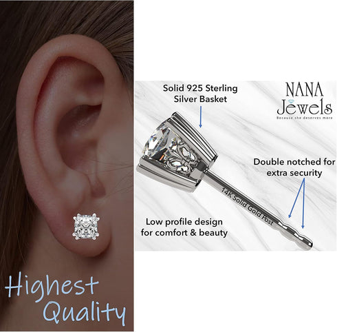 NANA Jewels Asscher Cut 14K Solid Gold Posts & Sterling Silver Simulated Diamond Stud Earrings 0.75 to 4.00ctw CZ...