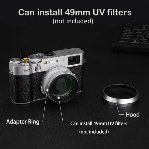 Haoge LH-X53W 3in1 Lens Hood with Adapter Ring with Cap Set for Fujifilm x100vi Fuji FinePix X70 X100 X100S X100T X100F X100V Camera Silver replac...
