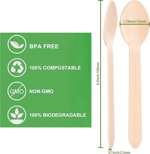 Disposable Wood Cutlery Spoons - 100 Pack Wooden Spoons Disposable,Biodegradable and Earth Friendly, 6.3 Inch Length Wood Spoons...
