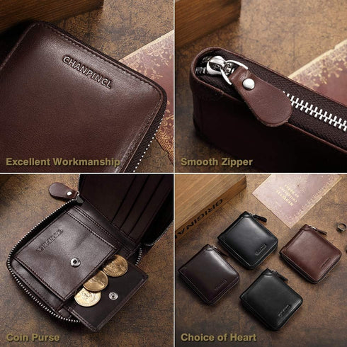 Mens Genuine Leather Zipper Wallet RFID Secure Large Capacity Double Fold Multi-card Leather Wallets for Men and coin purse...