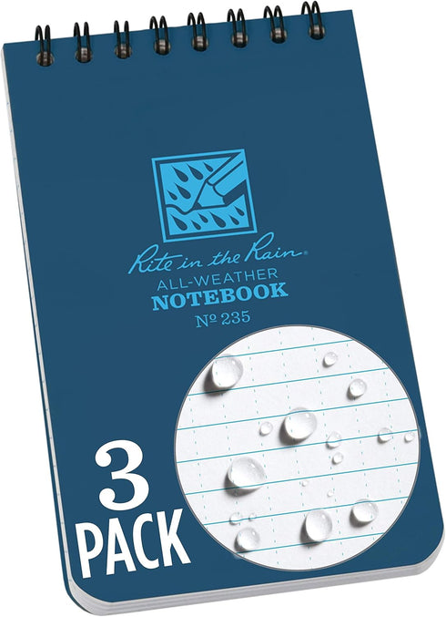 Rite in the Rain Weatherproof Top Spiral Notebook, 3" x 5", Blue Cover, Universal Pattern, 3 Pack (No. 235-3X)...