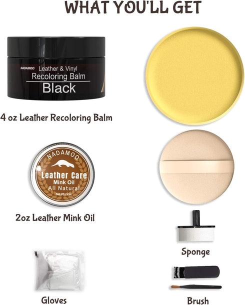 NADAMOO Black Leather Recoloring Balm with Mink Oil Leather Conditioner, Leather Repair Kits for Couches, Restoration Cream Scratch Repair Leather...