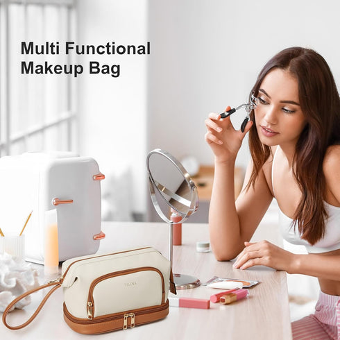 Telena Makeup Bag Large Capacity Travel Cosmetic Bags Double Layer Portable Leather Make Up Bag for Women Beige with Brown...