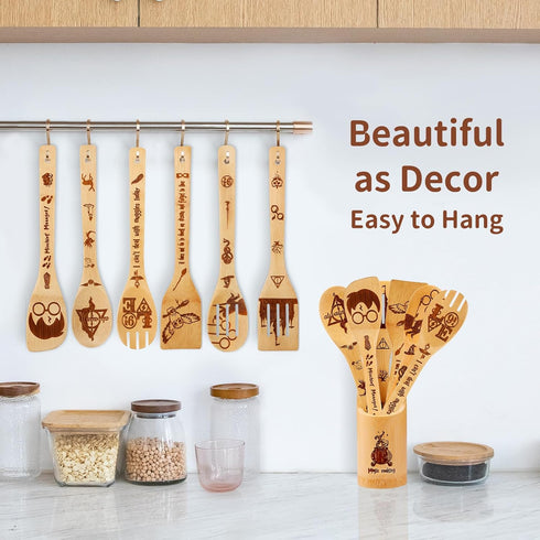 Harry Gifts for Women Kitchen Accessories Wooden Spoons for Cooking Utensils Set 7pcs Magic Wizard Spoon for Wedding&Housewarming-Wooden Spatula f...