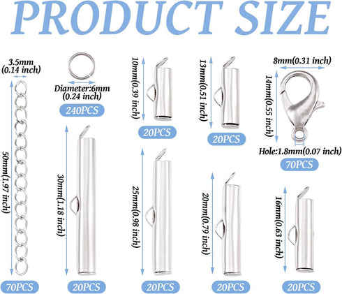 Beadthoven All 6 Size Slide On End Clasps with Extender Chains Jump Rings Lobster Clasps Cord Tube Crimp Ends Findings for Multi-Strand Necklace B...