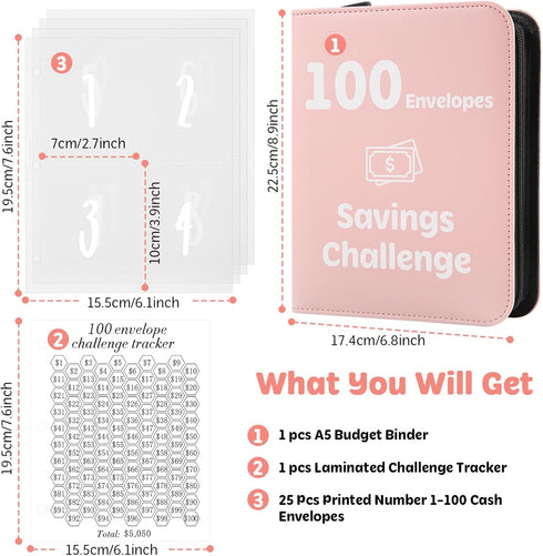 100 Envelopes Money Saving Challenge Binder with Laminated Tracker, Money Saving Challenge Budget Binder with Cash Envelopes, Savings Challenge Bo...