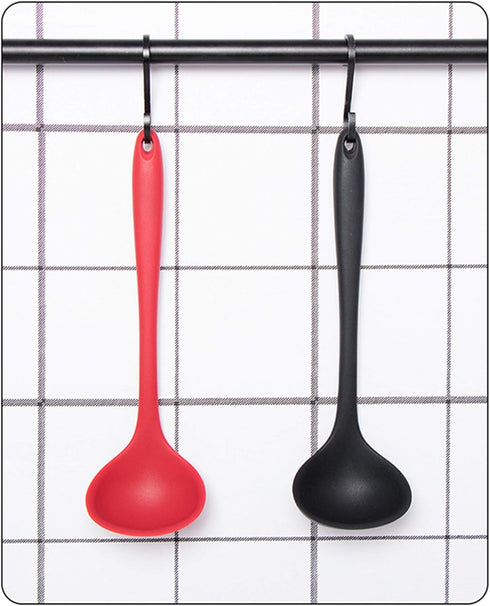 Silicone Ladle Soup Spoon Set of 2, Nonstick Heat Resistant Long Handle Unbreakable Big Round Scoop for Home Kitchen Cooking,Red and Black...
