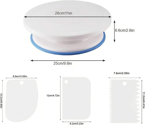 KNC 11 Inch Rotating Cake Turntable with 3x Icing Smoother, Cake Stand, Revolving Cake Stand,Cake Decorating Tools,White Baking Cake Decorating Su...
